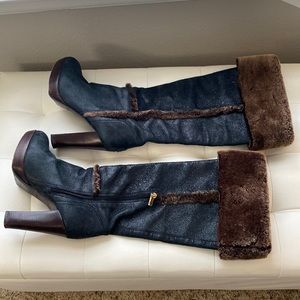 Tory Burch Black Leather Fur Cuff Boots 8.5